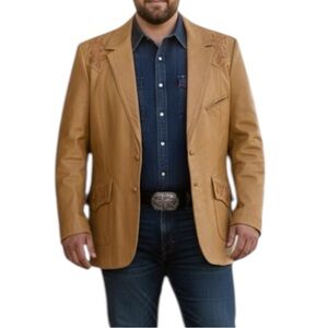 Vintage The Leather Factory Pharr Texas Embroidered Tan Leather Jacket Size 44